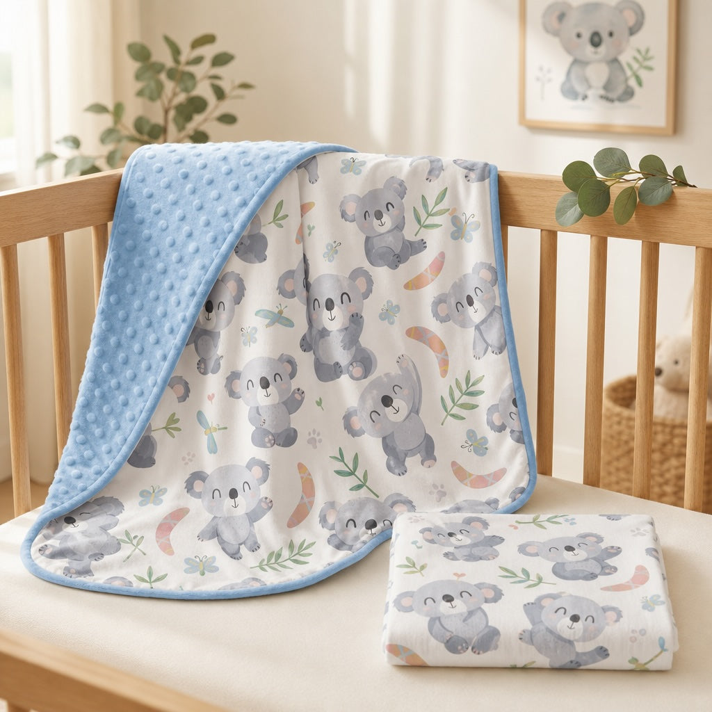 Kiddospot Koala Minky Blanket and Muslin Swaddle Set displayed at a natural timber nursery cot — watercolour koala print on white with sky blue dimple minky reverse visible. Both matching pieces shown together with eucalyptus sprig. Uniquely Australian baby gift.