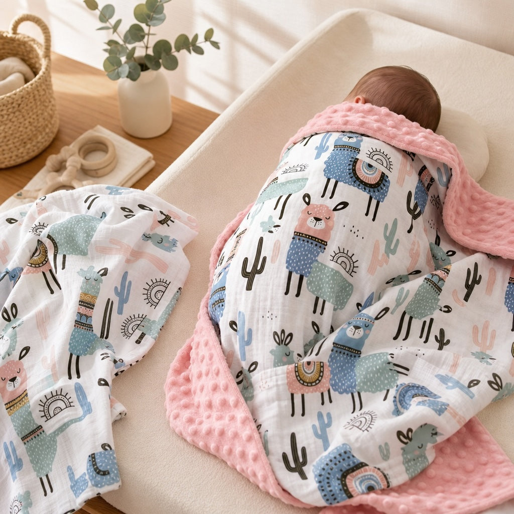 Newborn baby snuggled in the Kiddospot Llama Minky Blanket showing the ultra-plush salmon-pink dimple reverse side, with the matching llama print muslin swaddle placed nearby. Warm cosy nursery lifestyle photography.