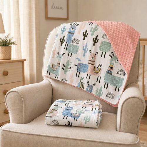 Kiddospot Llama Minky Blanket and Muslin Swaddle Set displayed on a natural linen nursing chair — colourful llama and cactus print on white, with salmon-pink dimple minky reverse side visible. Both pieces of the matching set shown together in a warm nursery setting.