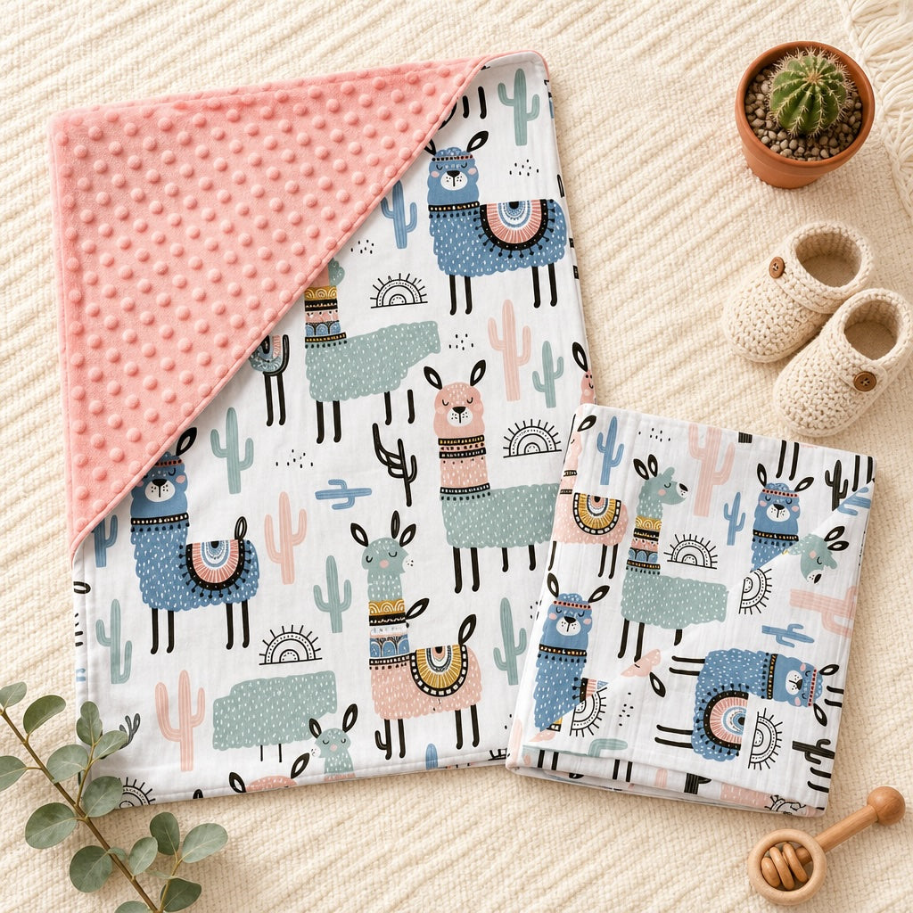 Overhead flat lay of the Kiddospot Llama Minky Blanket and Muslin Swaddle Set — both pieces shown together with the pink dimple reverse visible, styled with a terracotta cactus, cream knitted baby booties and a wooden toy. Standout baby shower gift set.