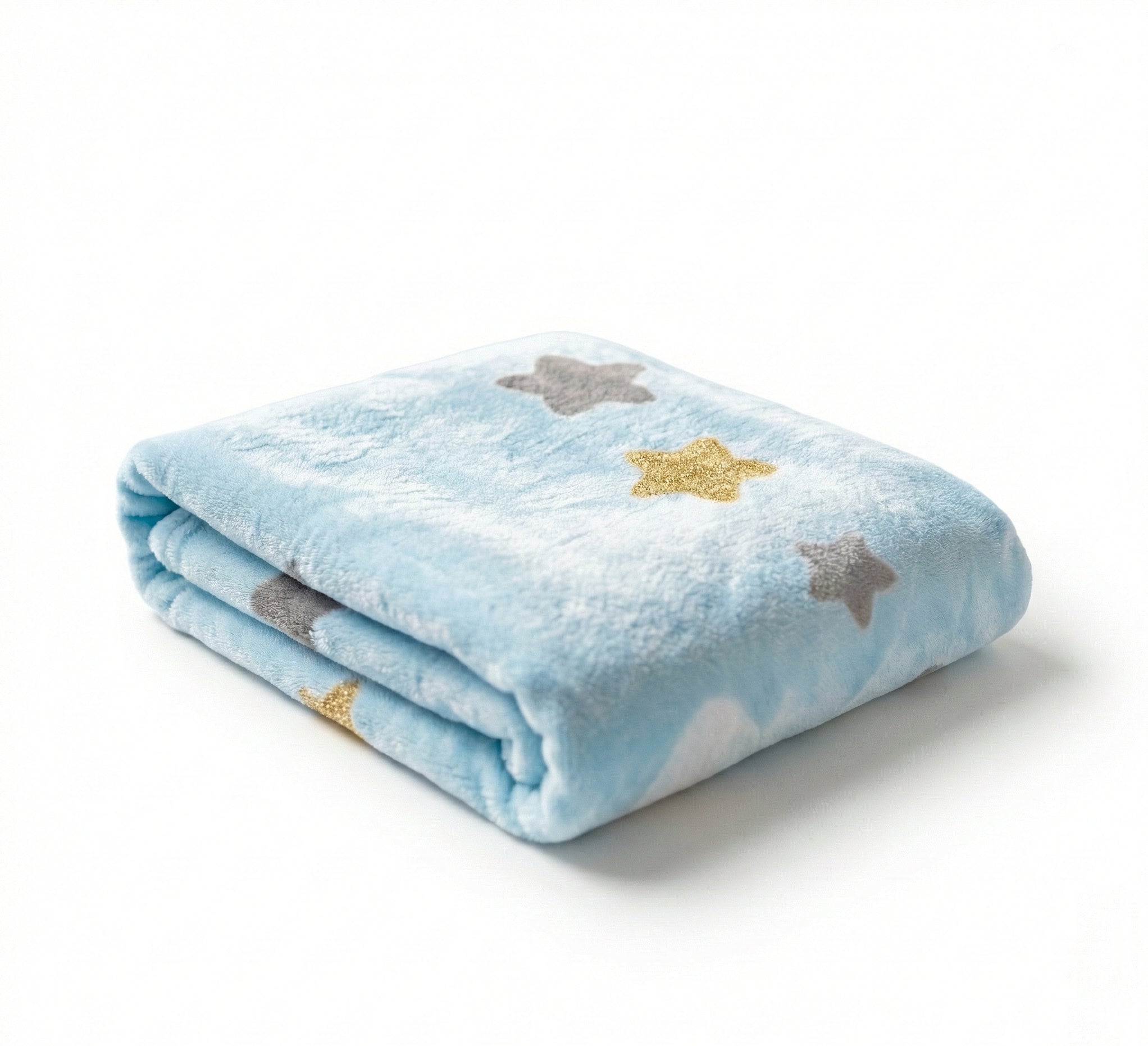 Folded blue blanket with star patterns on a white background