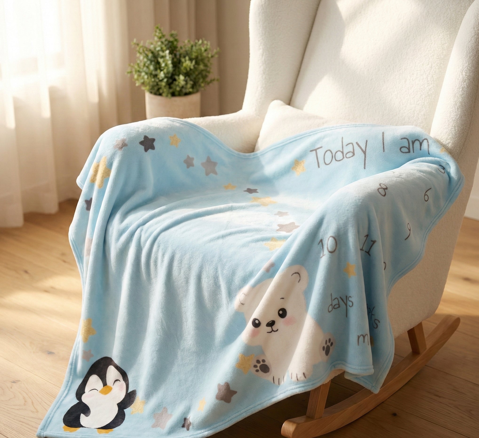 Baby blanket with cartoon designs on a rocking chair in a room with curtains and a plant.