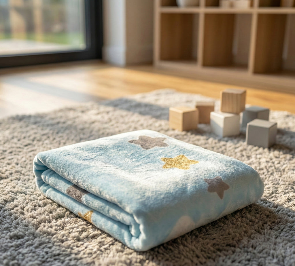 Folded blue blanket with star patterns on a carpeted floor.