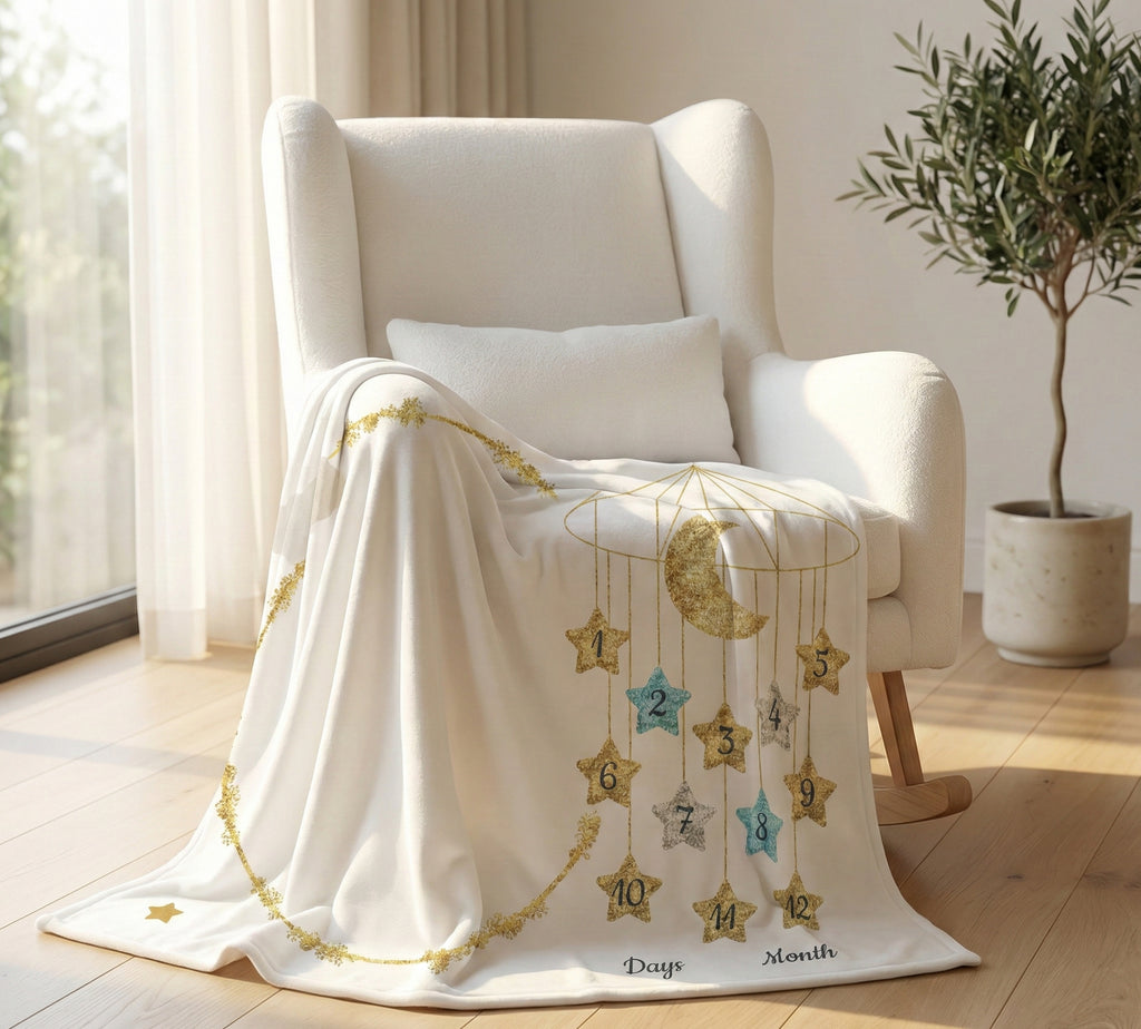 Decorative blanket with star and number designs draped over a white armchair in a bright room.