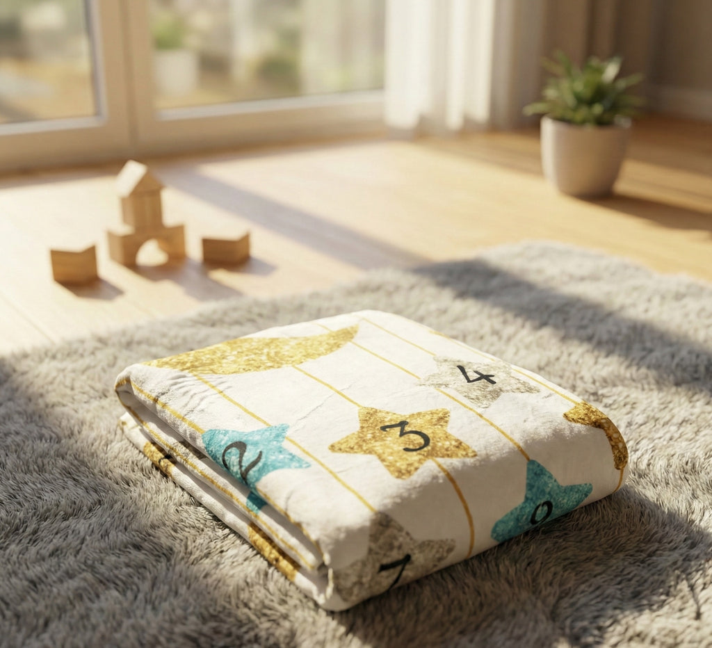 Folded quilt with numbers and stars on a gray rug near a window with toys in the background