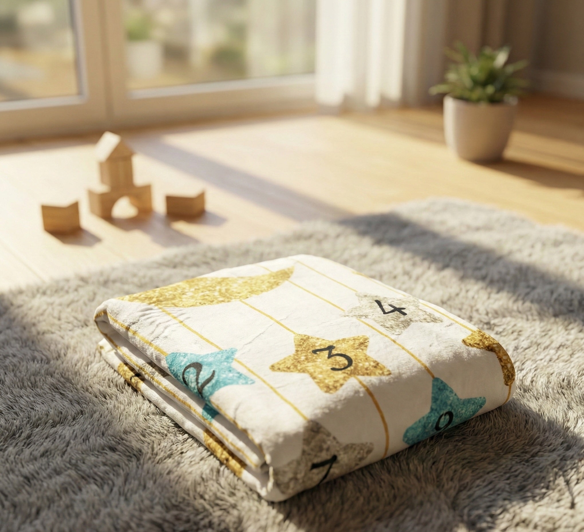 Folded quilt with numbers and stars on a gray rug near a window with toys in the background