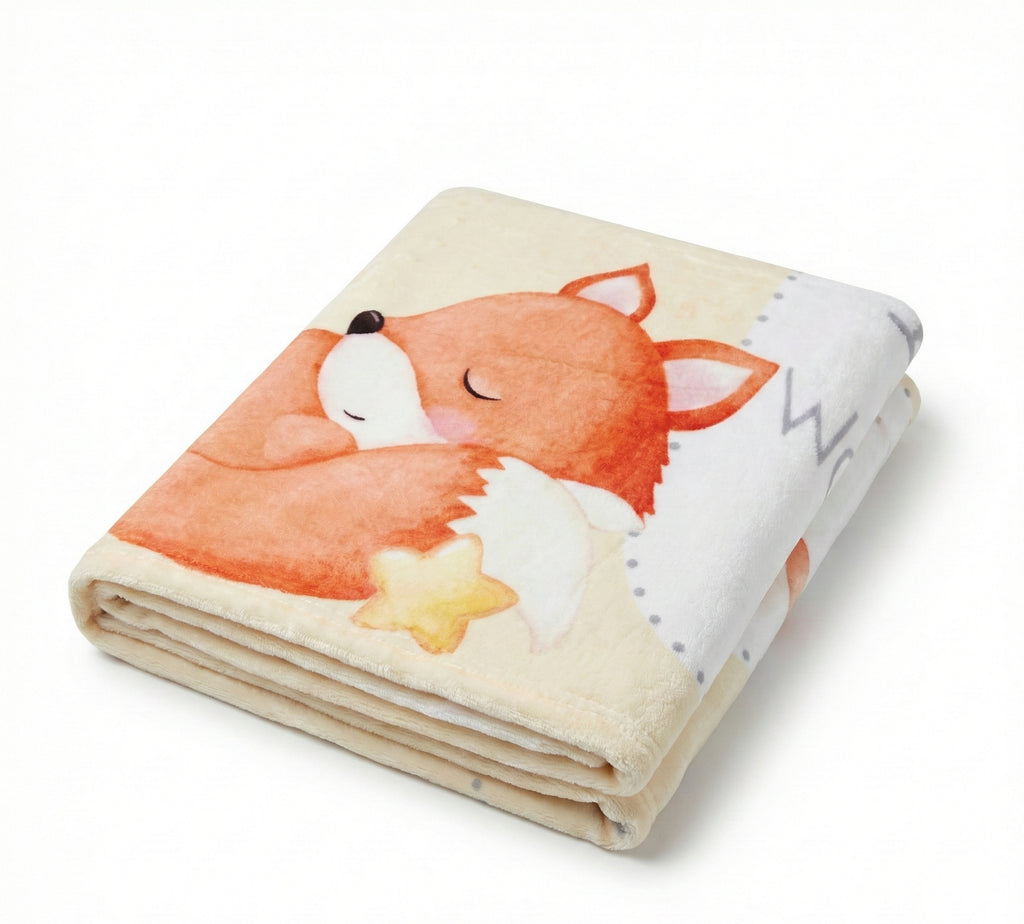 Folded blanket with a fox design on a white background