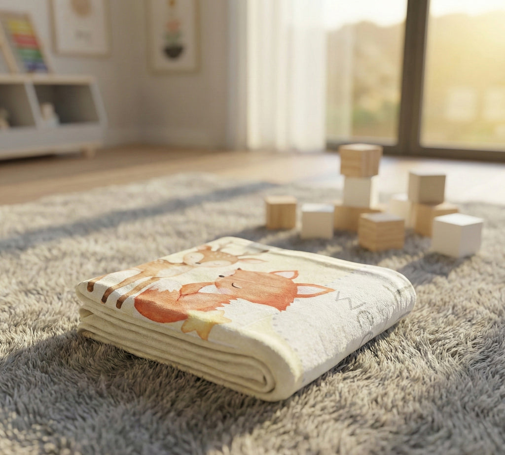 Folded blanket with a fox design on a carpeted floor with wooden blocks.