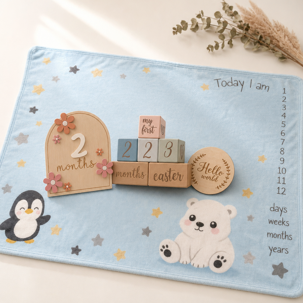 Kiddospot Milestone Starter Pack Blue — powder blue baby milestone blanket, blue wooden milestone blocks, and arch milestone disc card flat-lay
