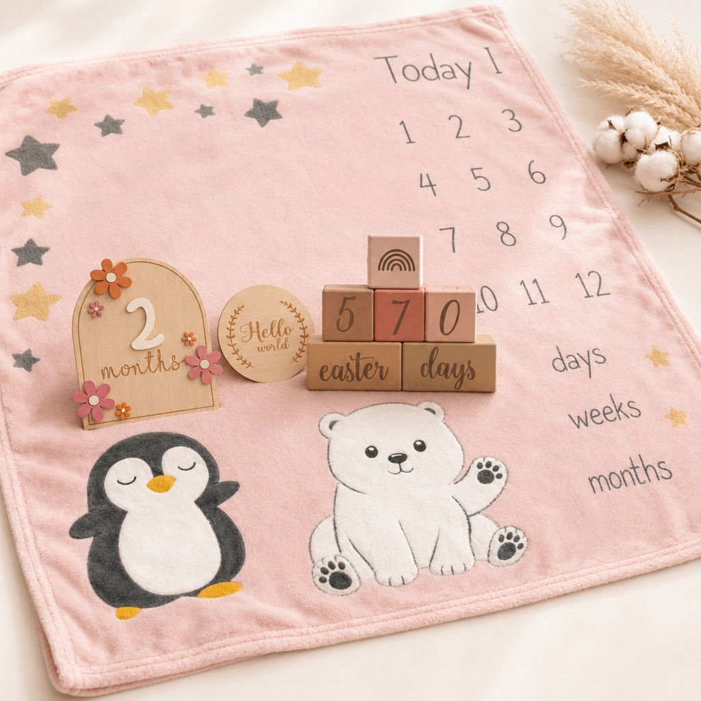 Kiddospot Milestone Starter Pack Pink — pink baby milestone blanket, pink wooden milestone blocks, and arch milestone disc card flat-lay
