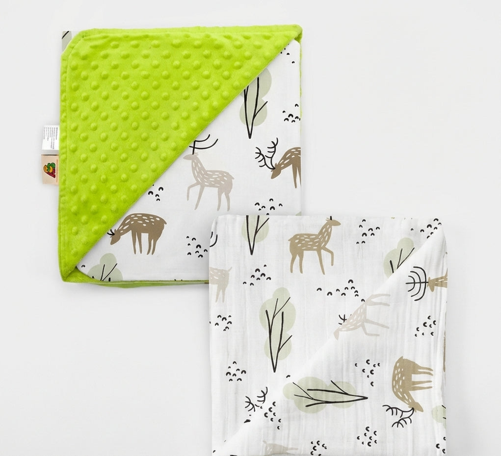 Baby blanket with green textured back and deer pattern on white background
