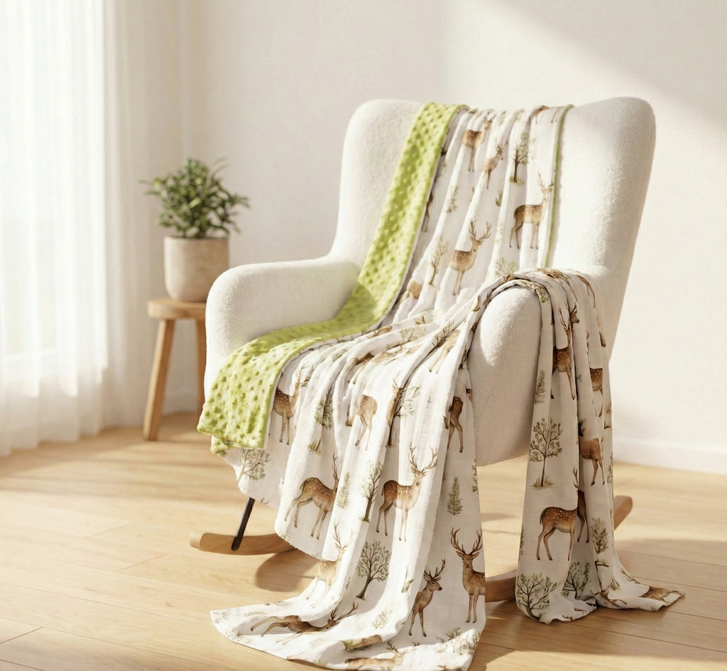 Chair with a blanket featuring deer pattern in a bright room