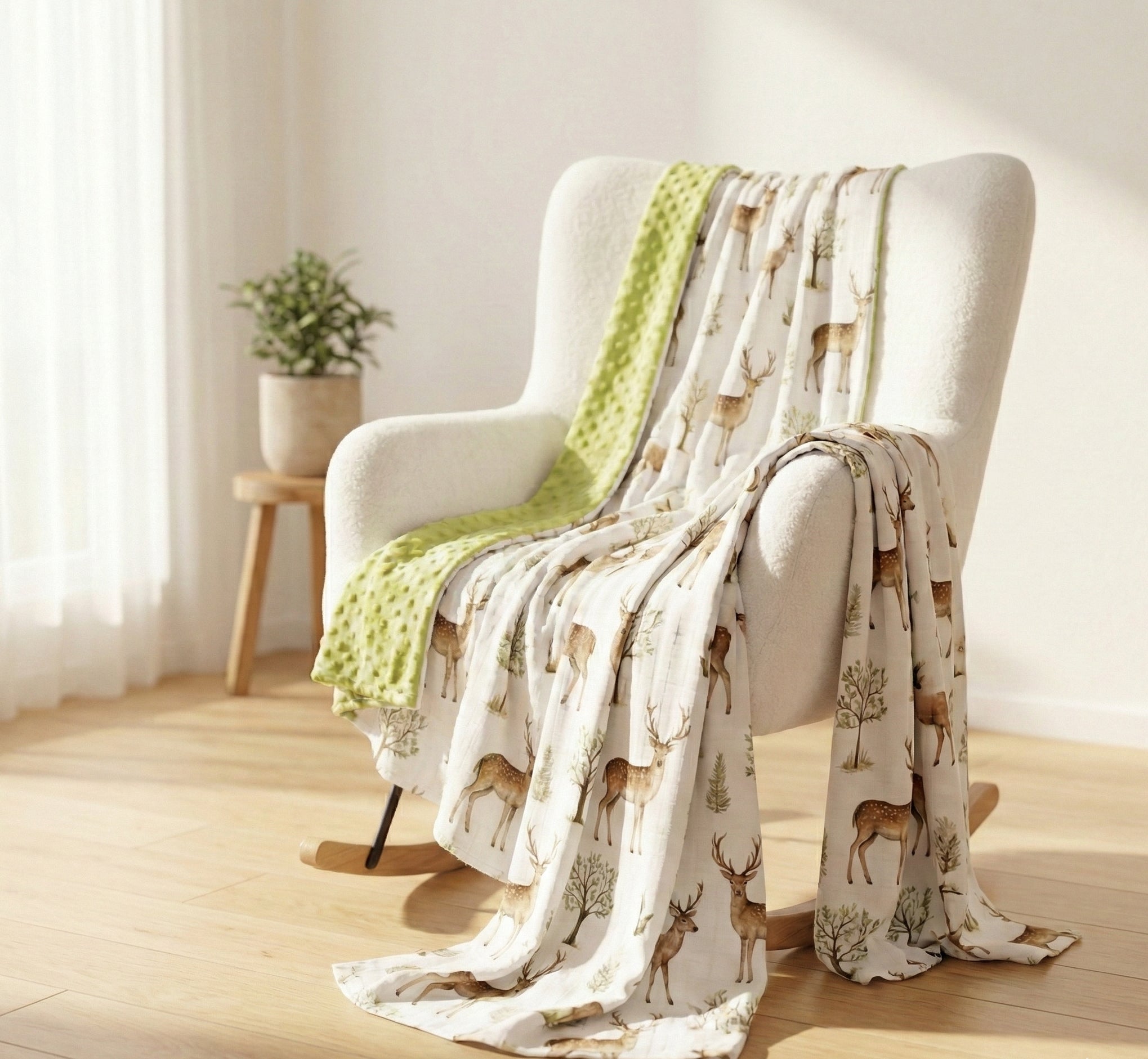Chair with a blanket featuring deer pattern in a bright room