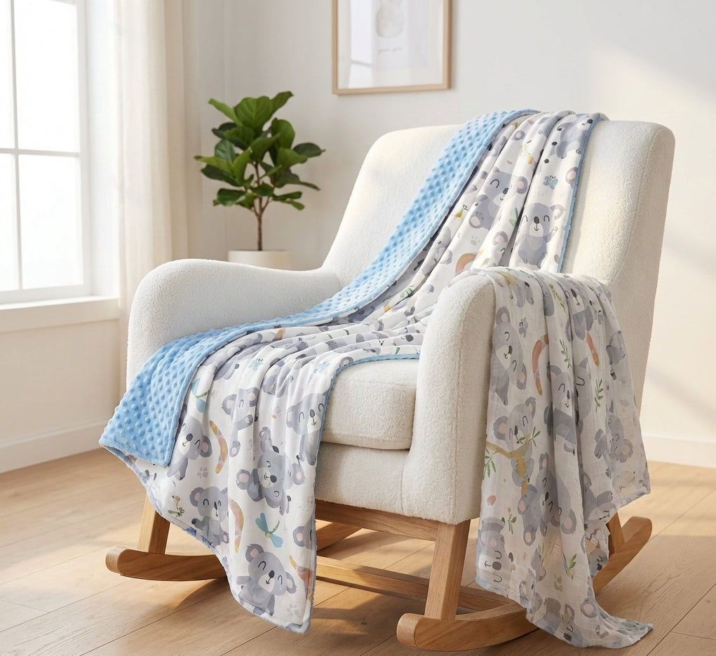 Patterned baby blanket draped over a rocking chair in a bright room with a plant in the background.
