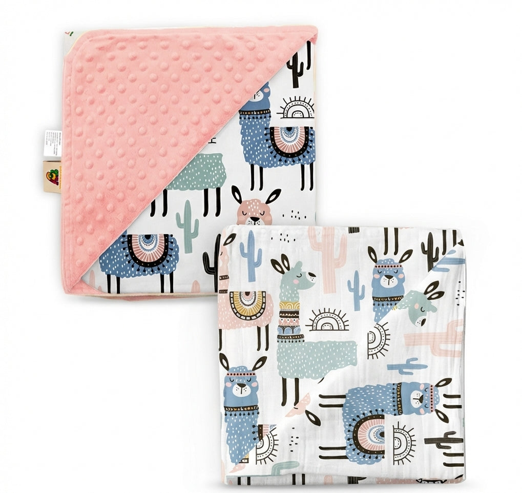 Baby blanket with llama and cactus pattern on a white background