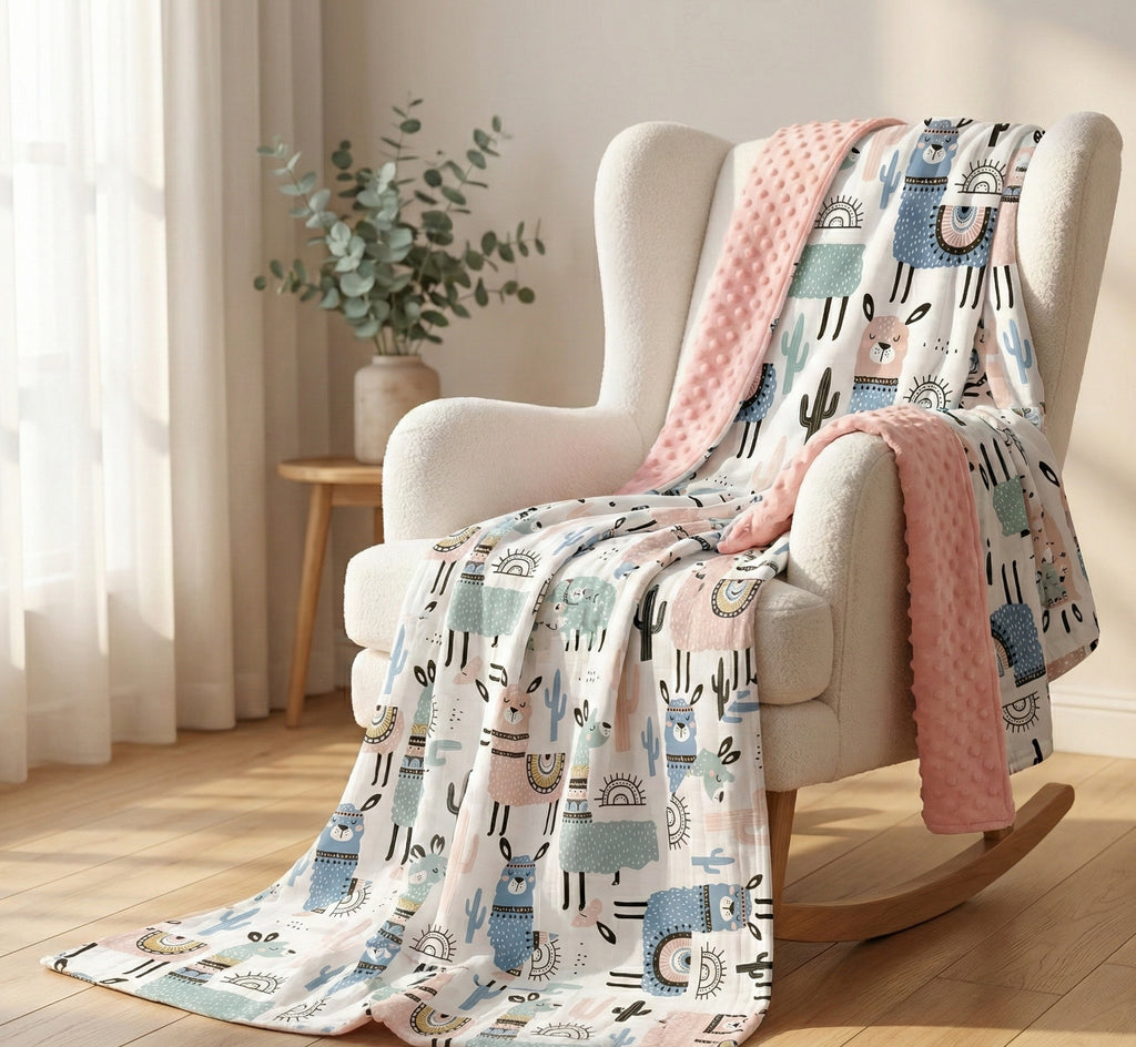 Rocking chair with a patterned blanket draped over it in a room with curtains and a plant.