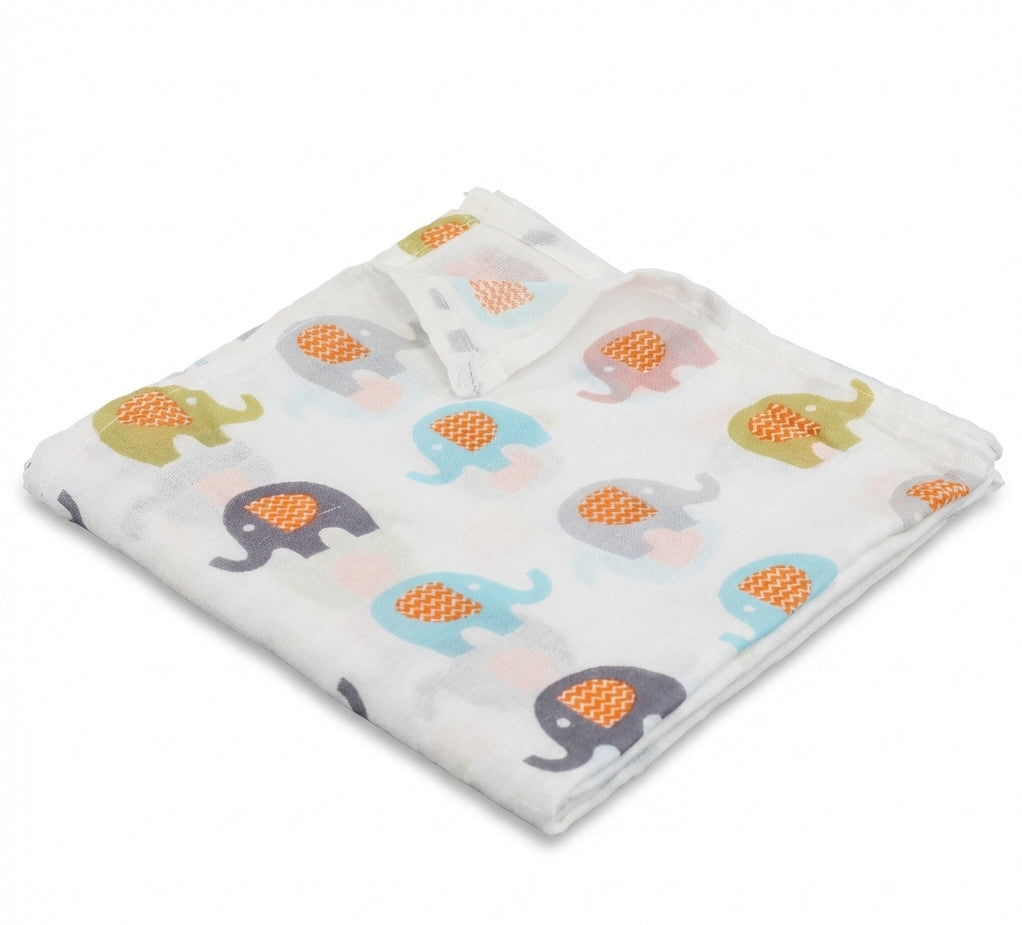 Folded fabric with colorful elephant pattern on a white background