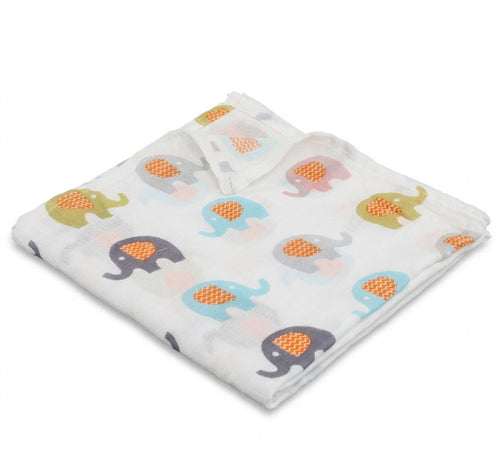 Kiddospot organic cotton muslin swaddle elephant print hero — GOTS certified