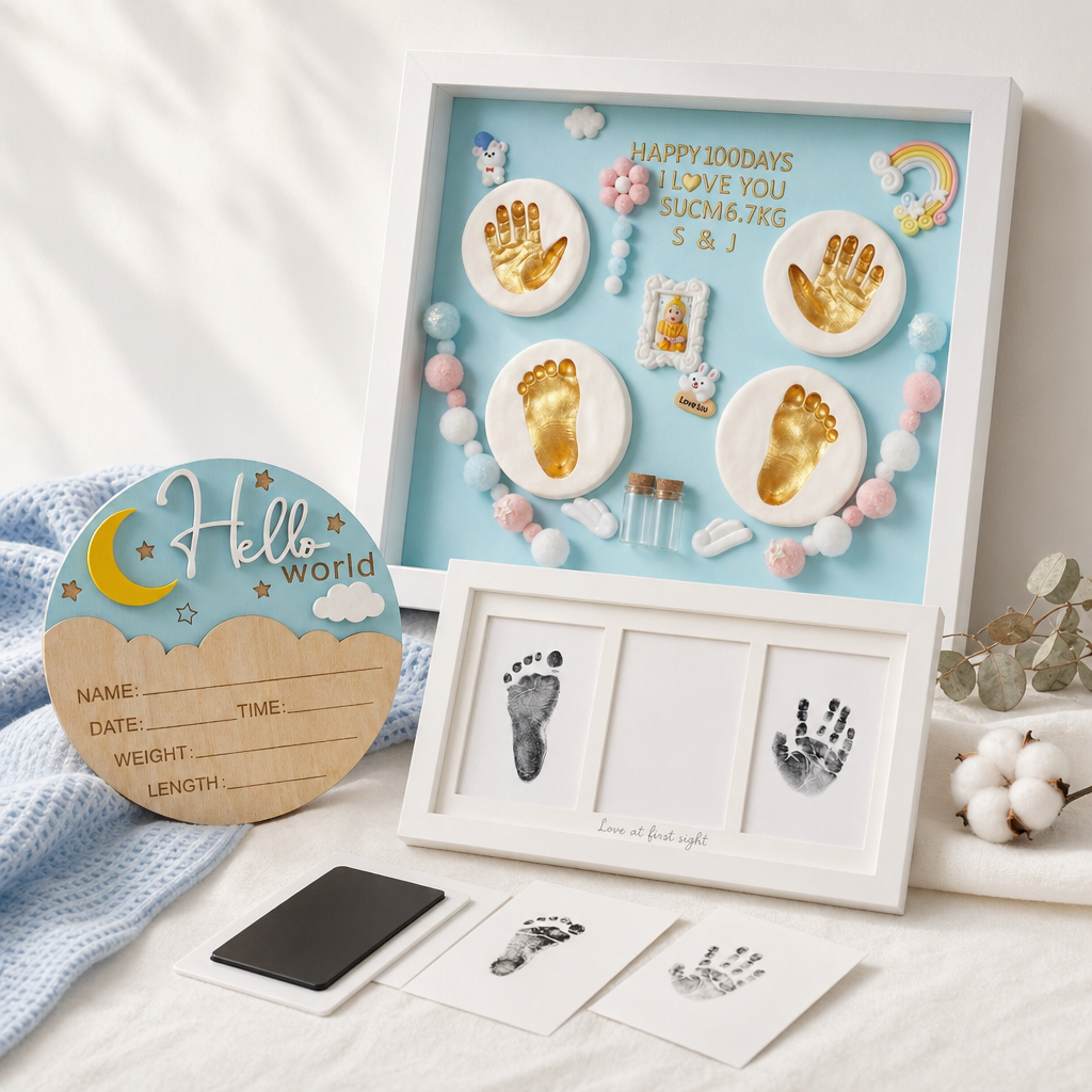 Kiddospot Newborn Keepsake Bundle Blue — Hello World announcement sign, blue shadowbox handprint frame, and newborn inkless print kit flat-lay