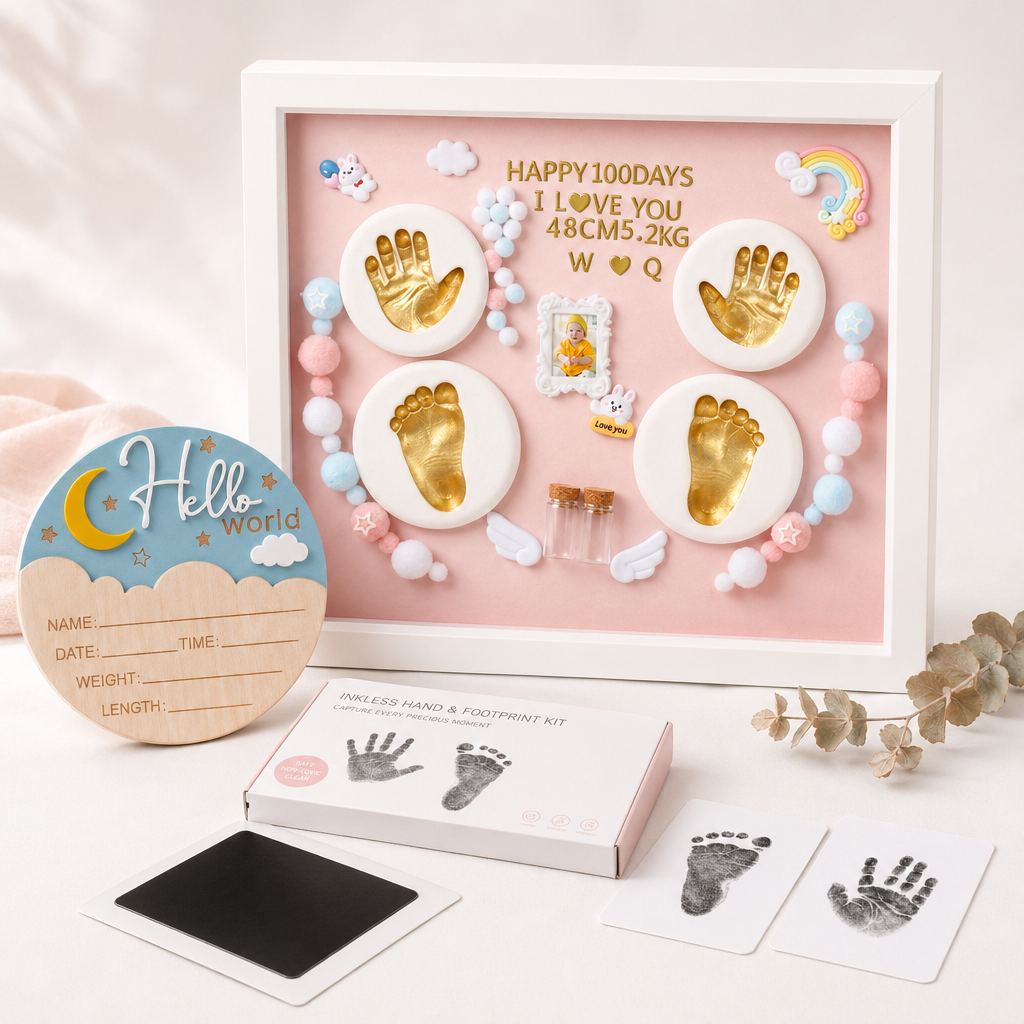 Kiddospot Newborn Keepsake Bundle Pink — Hello World announcement sign, pink inkless hand and footprint frame, and newborn print kit flat-lay