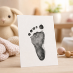 Baby footprint on a white card with toys in the background