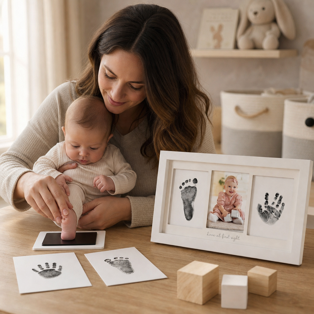 Woman holding a baby with a photo frame containing baby's hand and footprints on a wooden table.