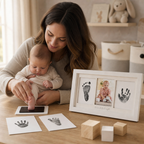 Woman holding a baby with a photo frame containing baby's hand and footprints on a wooden table.