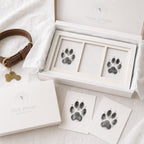 Kiddospot inkless kit with completed dog and cat paw print impression cards flat-lay