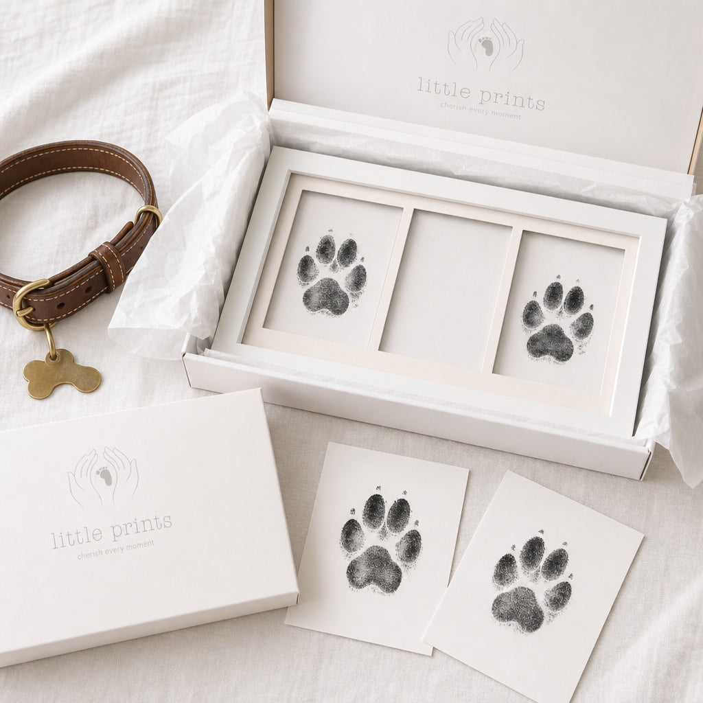 Kiddospot inkless kit with completed dog and cat paw print impression cards flat-lay