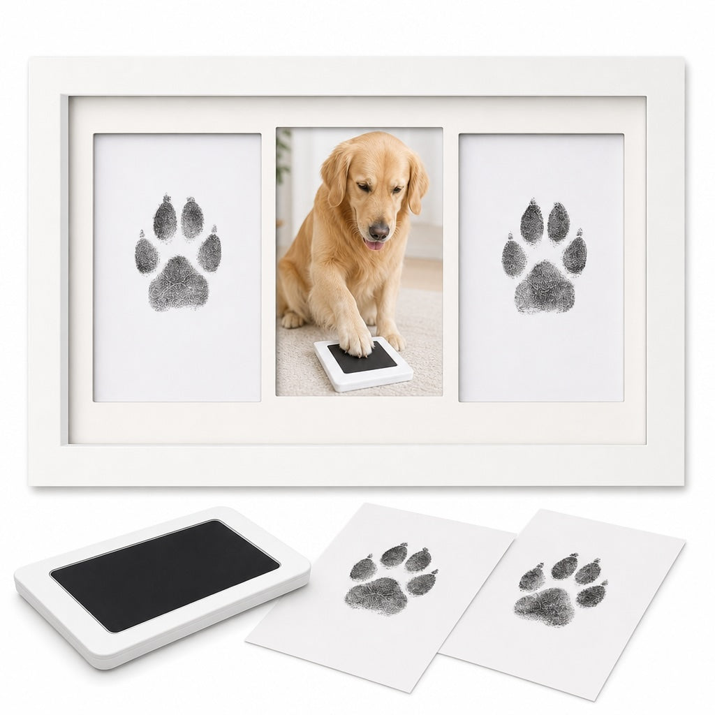 Kiddospot inkless pet paw print kit — dog paw impression card and white keepsake frame