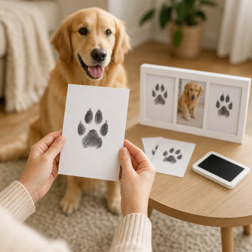 Pet owner holding completed dog paw print card with golden retriever and inkless kit