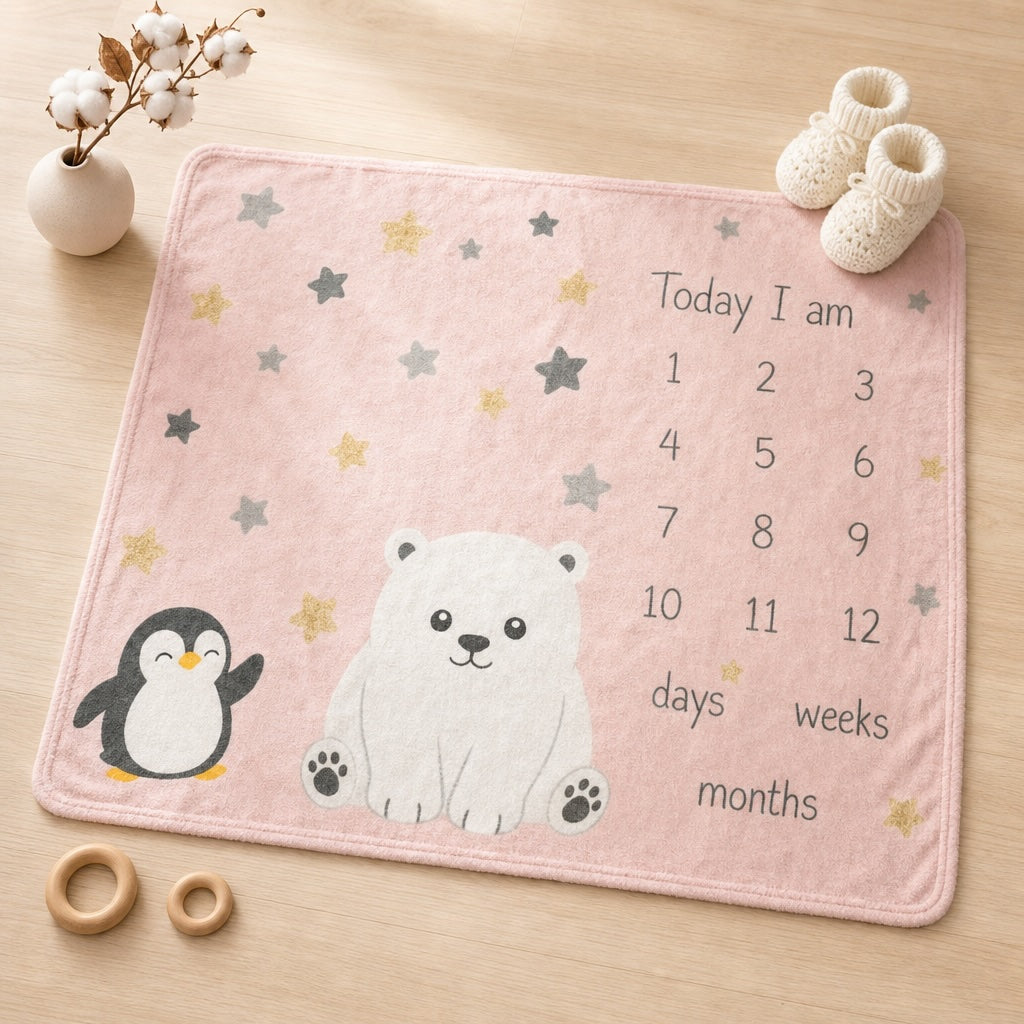 Kiddospot baby milestone blanket with penguin and polar bear illustration on a pink background