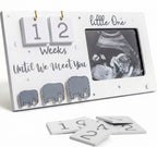 Baby countdown calendar with ultrasound photo and elephant cutouts on a white background
