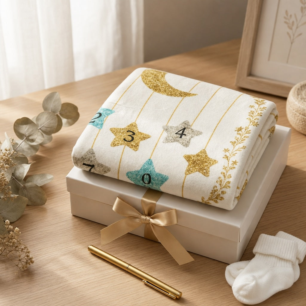 Kiddospot folded baby milestone white blanket with numbers and stars on a white box with a gold ribbon, next to baby socks and a pen on a wooden surface.