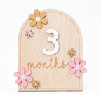 Kiddospot wooden baby milestone disc with number 3 hero shot — natural wood photo prop