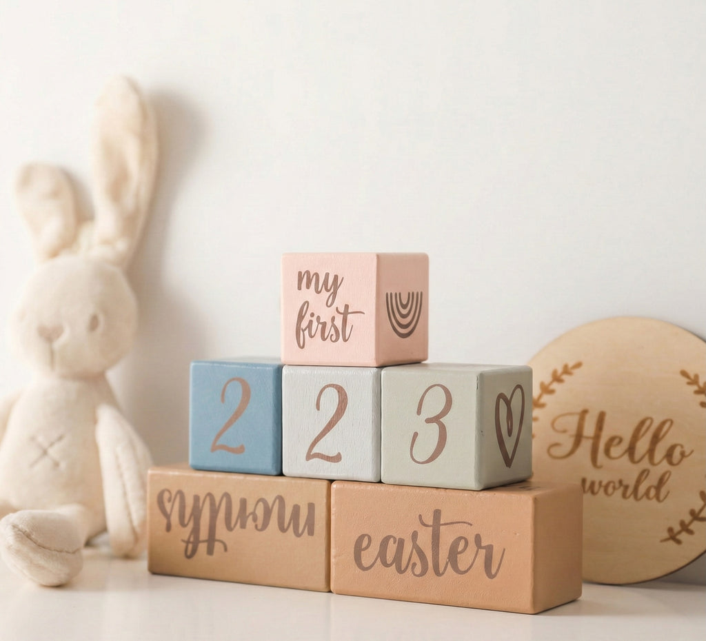 Stack of wooden blocks with engraved text next to a plush bunny toy on a light background