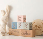Stack of wooden blocks with engraved text next to a plush bunny toy on a light background