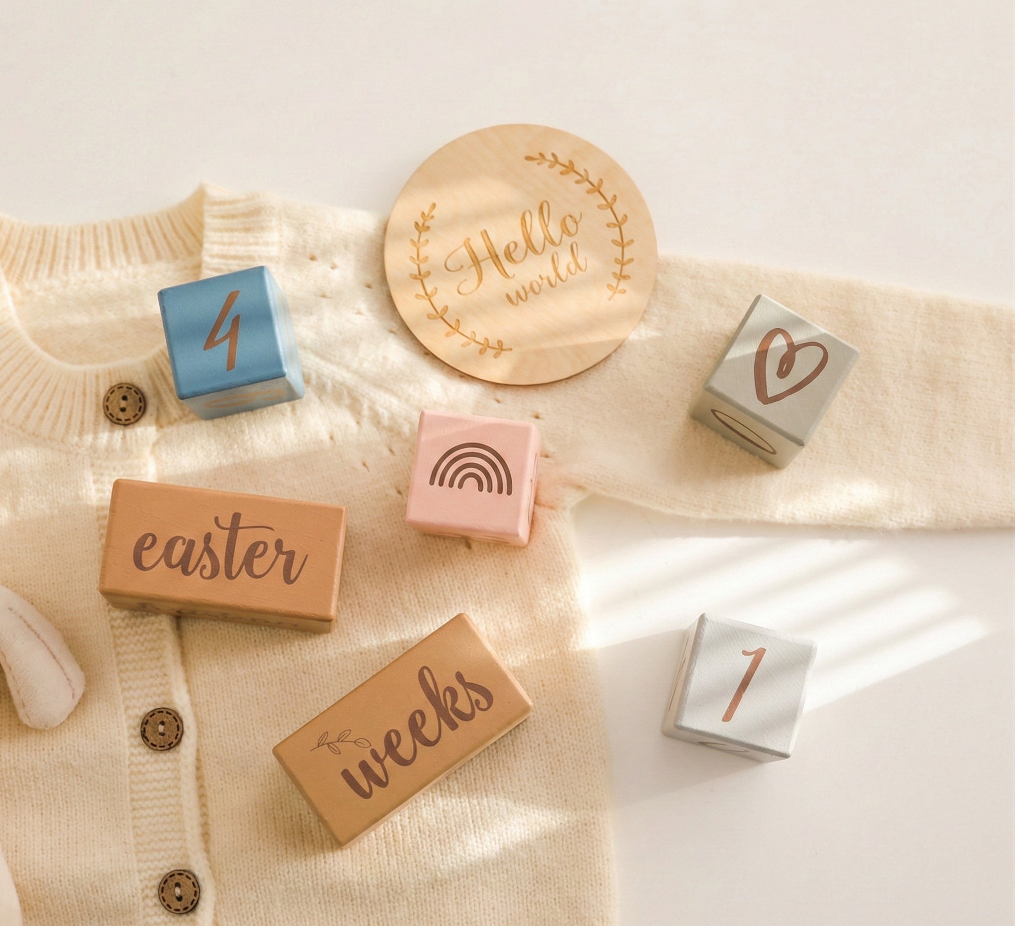 Set of wooden baby blocks with text on a soft fabric background
