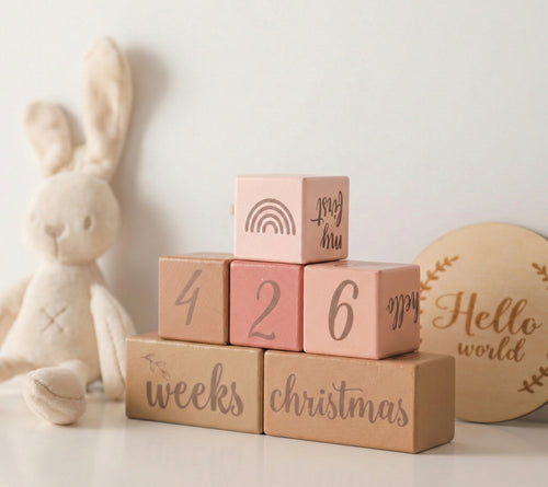 Kiddospot pink wooden baby milestone blocks with bunny prop — monthly photo prop