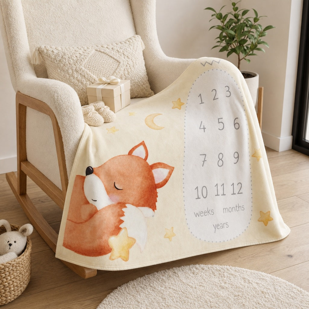 Kiddospot baby milestone blanket with fox design and growth chart on a rocking chair.