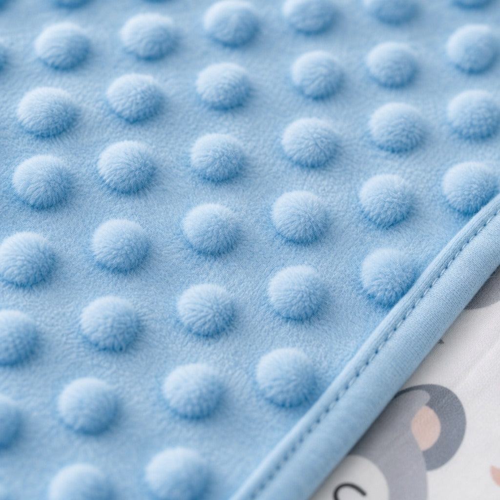 Close-up of a Kiddospot light blue textured blanket with raised circular dots and a stitched border, partially layered over a printed baby fabric underneath.