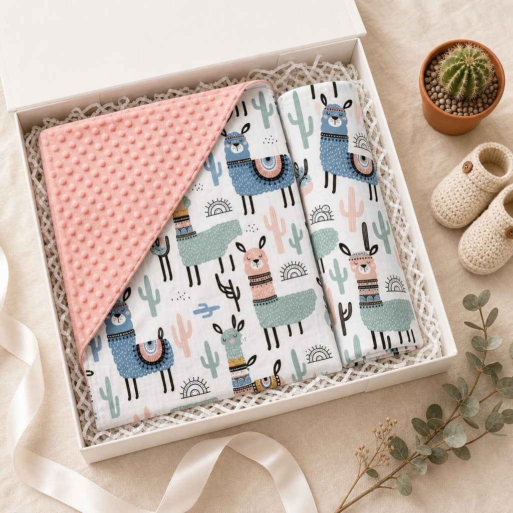 A baby gift set in a white box featuring a Kiddospot pink minky dot blanket and a matching patterned baby wrap with llamas and cacti, styled with a small cactus in a pot and knit baby booties on a beige fabric background.