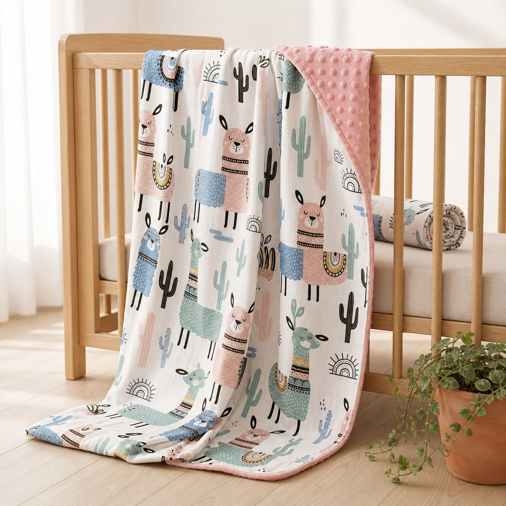 A Kiddospot baby blanket with a colorful llama and cactus pattern draped over a light wood crib, featuring a pink minky dot reverse side, in a bright nursery setting.