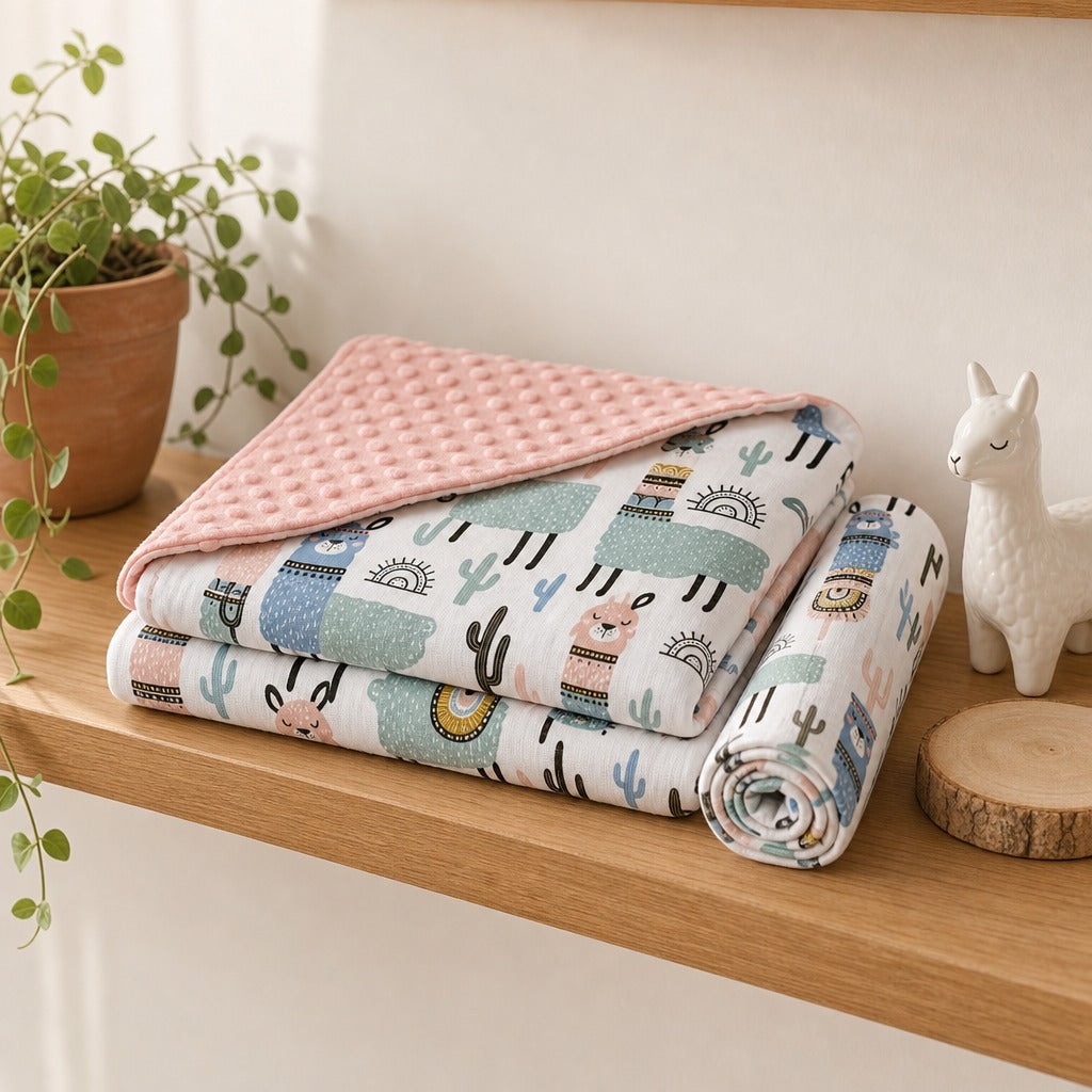 A folded minky Kiddospot blanket and matching pillowcase with a whimsical desert animal print, styled on a wooden shelf next to a potted plant and a white llama figurine.