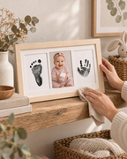 Hands gently cleaning a natural wood triple-window inkless newborn handprint and footprint frame on a rustic oak shelf with eucalyptus
