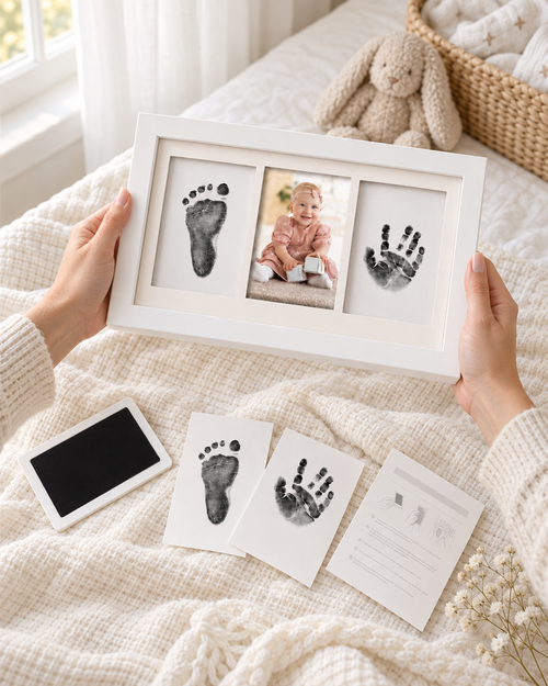 Hands holding a white triple-window inkless newborn print frame above the mess-free inkless pad print cards and instruction sheet on a cream blanket