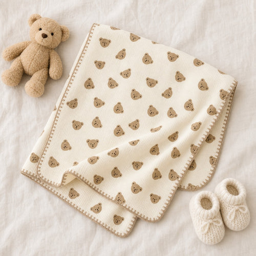 Organic baby blanket bear design, GOTS-certified cotton knit, styled with teddy and booties