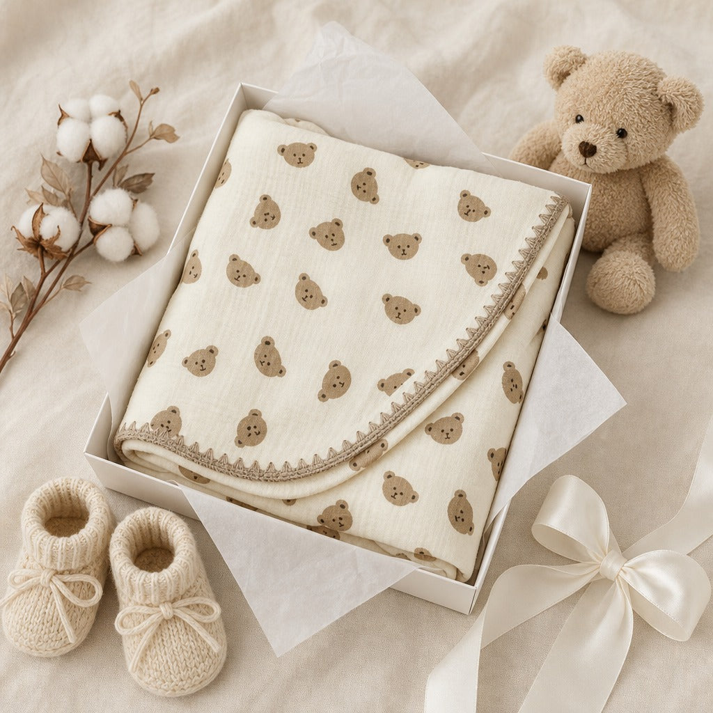 A folded cream baby blanket with a brown teddy bear pattern sits in an open gift box on a soft beige fabric surface, styled with a plush teddy bear, knit baby booties, cotton bolls, and a white ribbon.