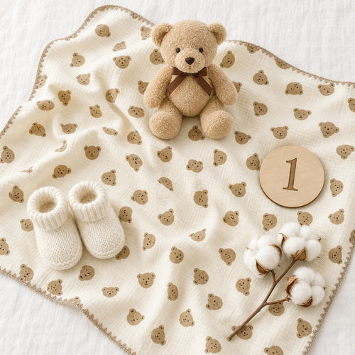GOTS organic baby blanket bear pattern used as milestone photo prop flatlay
