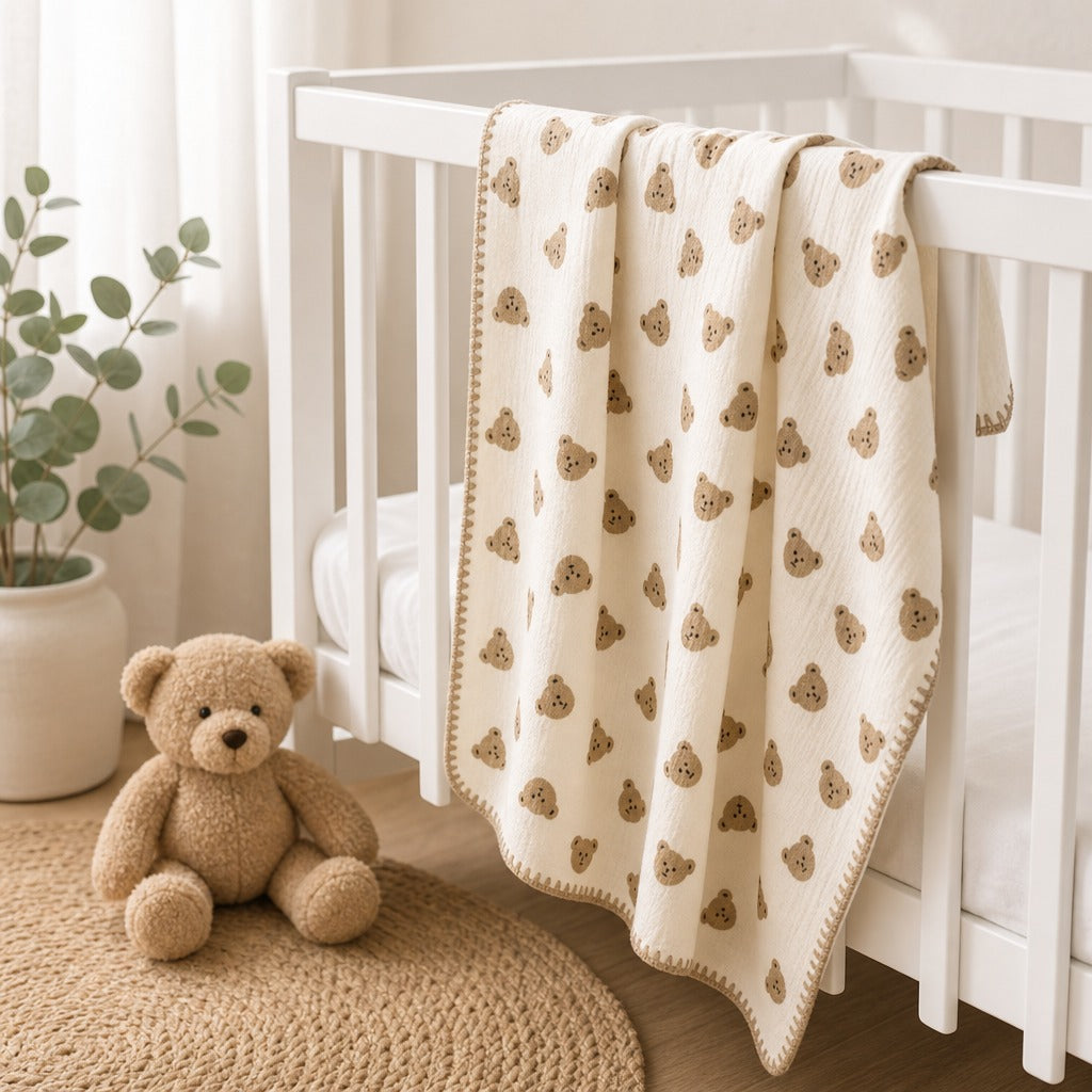 A cream-colored baby blanket with a repeating brown teddy bear pattern is draped over a white wooden crib in a softly lit nursery. A plush teddy bear and a potted eucalyptus plant sit on a woven rug nearby.